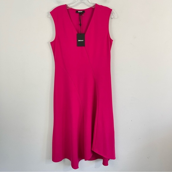 DKNY Sleeveless Midi Dress Asymmetrical Hem V-Neck - Small - Pink Cocktail Party - Picture 9 of 13